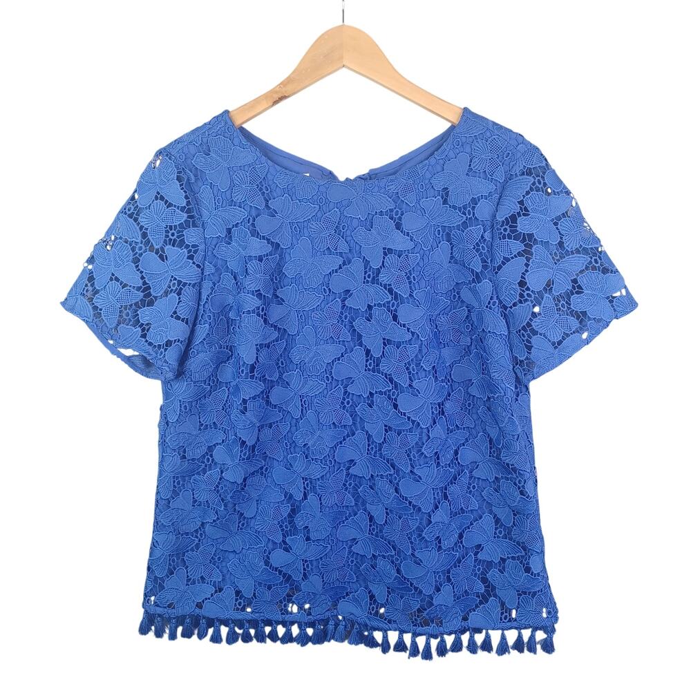 Rsvp by Talbots Butterfly Crochet Lace Top Tassel Hem Blue Size 10 Bow‎ Tie Neck